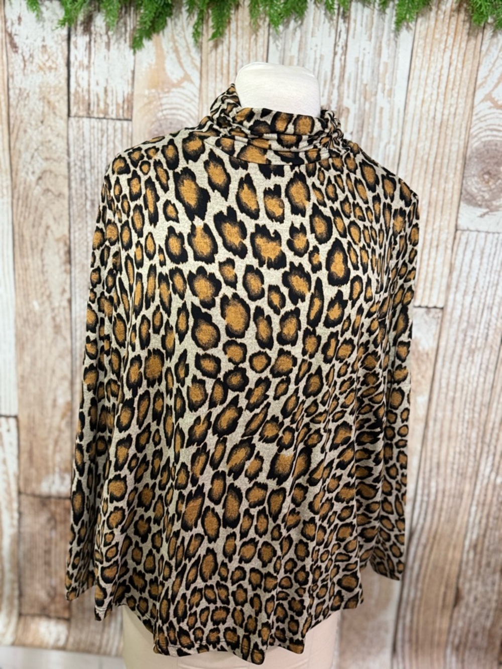 Susan Graver Leopard Print Mock Neck Top - Tan and Black
